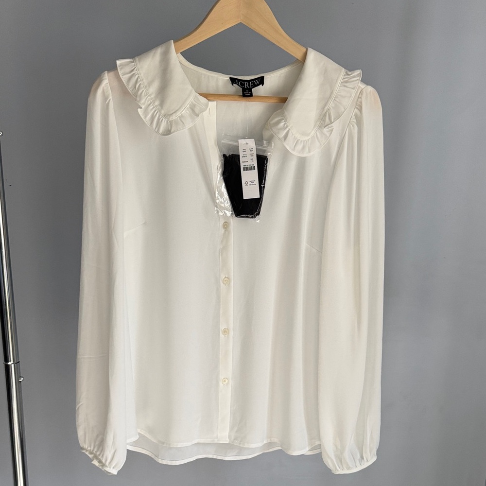 J. Crew White Drapey ruffle-collar button-up shirt
